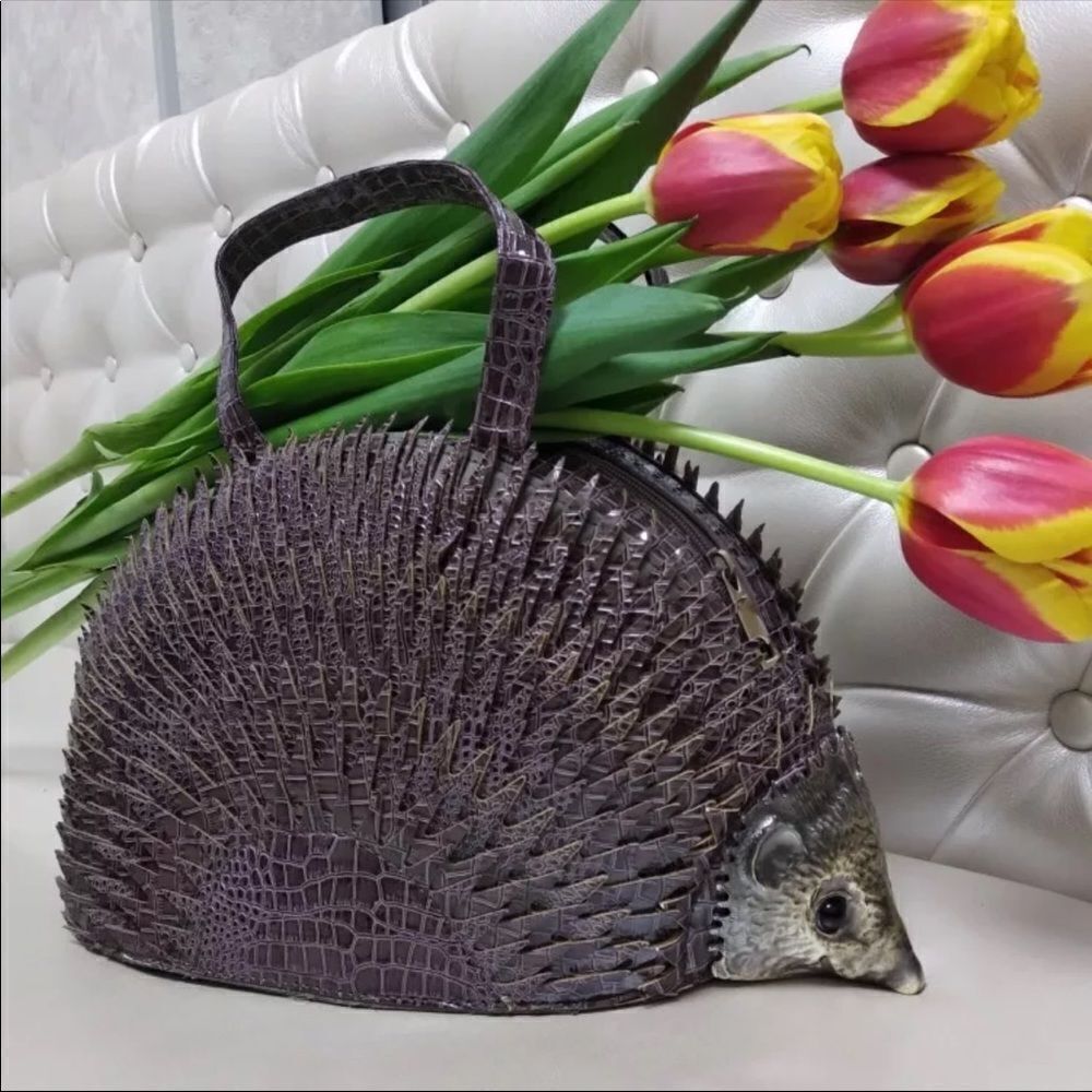 HEDGEHOG NOVELTY BAG PURPLE CROC EMBOSSED SATCHEL UNIQUE STATEMENT HANDBAG - Picture 15 of 15